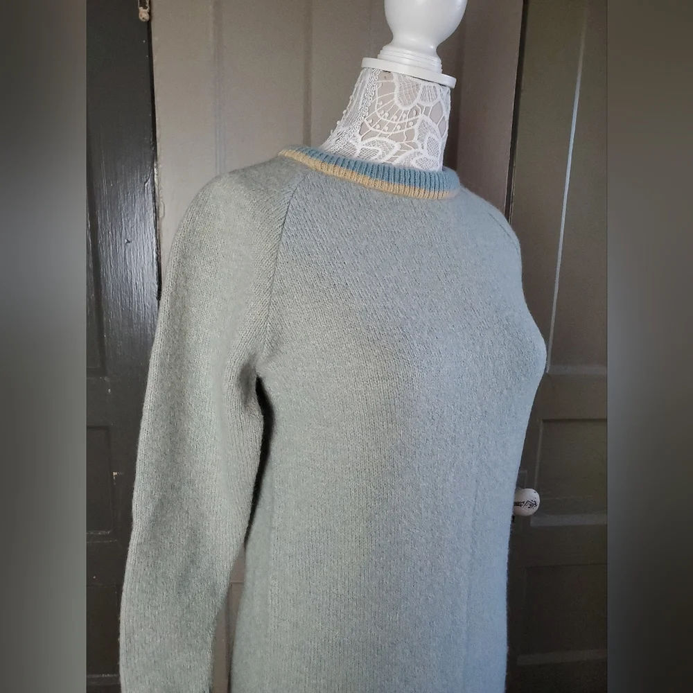 Vintage 70s Sears Shetland Wool Blue Ivory Sweater Dress Knit S / M - Picture 4 of 16